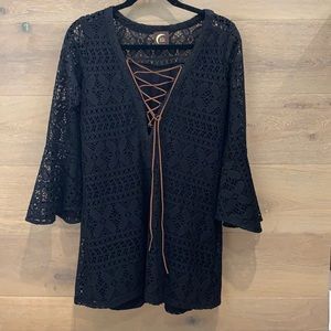 Lacey Crochet Black Flare Sleeve Tie Dress
